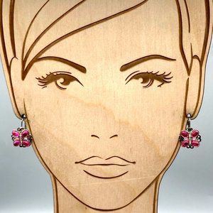 Vintage Hot Pink Floral Earrings, Silver Tone Drop with Four Poured Glass Style